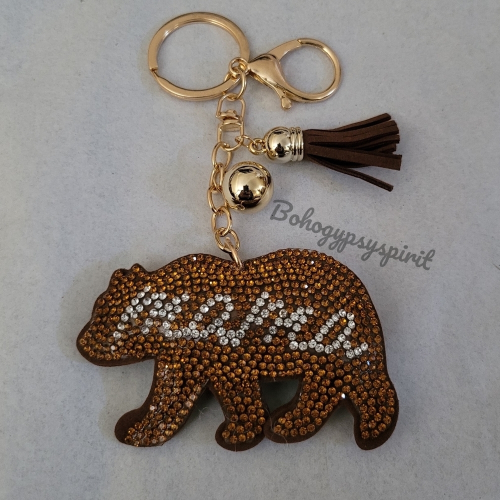 Bling Mama Bear Crystal Rhinestone Keychain Bag Charm With Tan Tassel